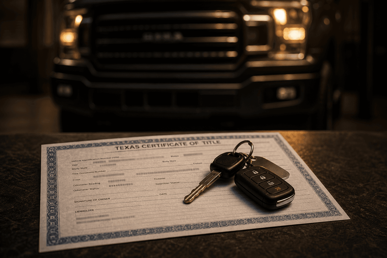 Texas vehicle title paperwork and keys on a desk